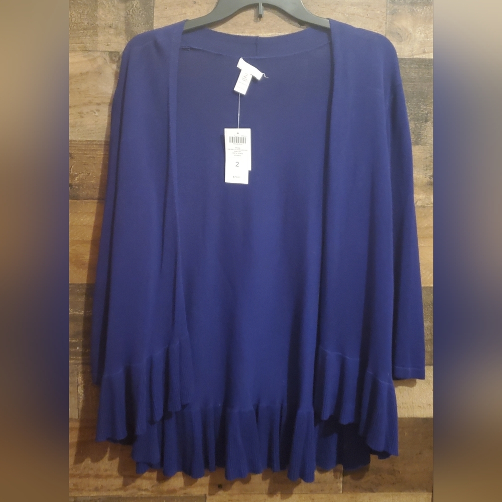 Chicos Pheobe Flounce Cardigan Purple Ruffled Open Front Flowy Feminine Sz 2 NWT